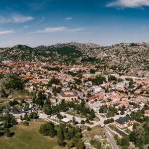 Panoramic aerial view of the monastery in Cetinje against the backdrop of the town